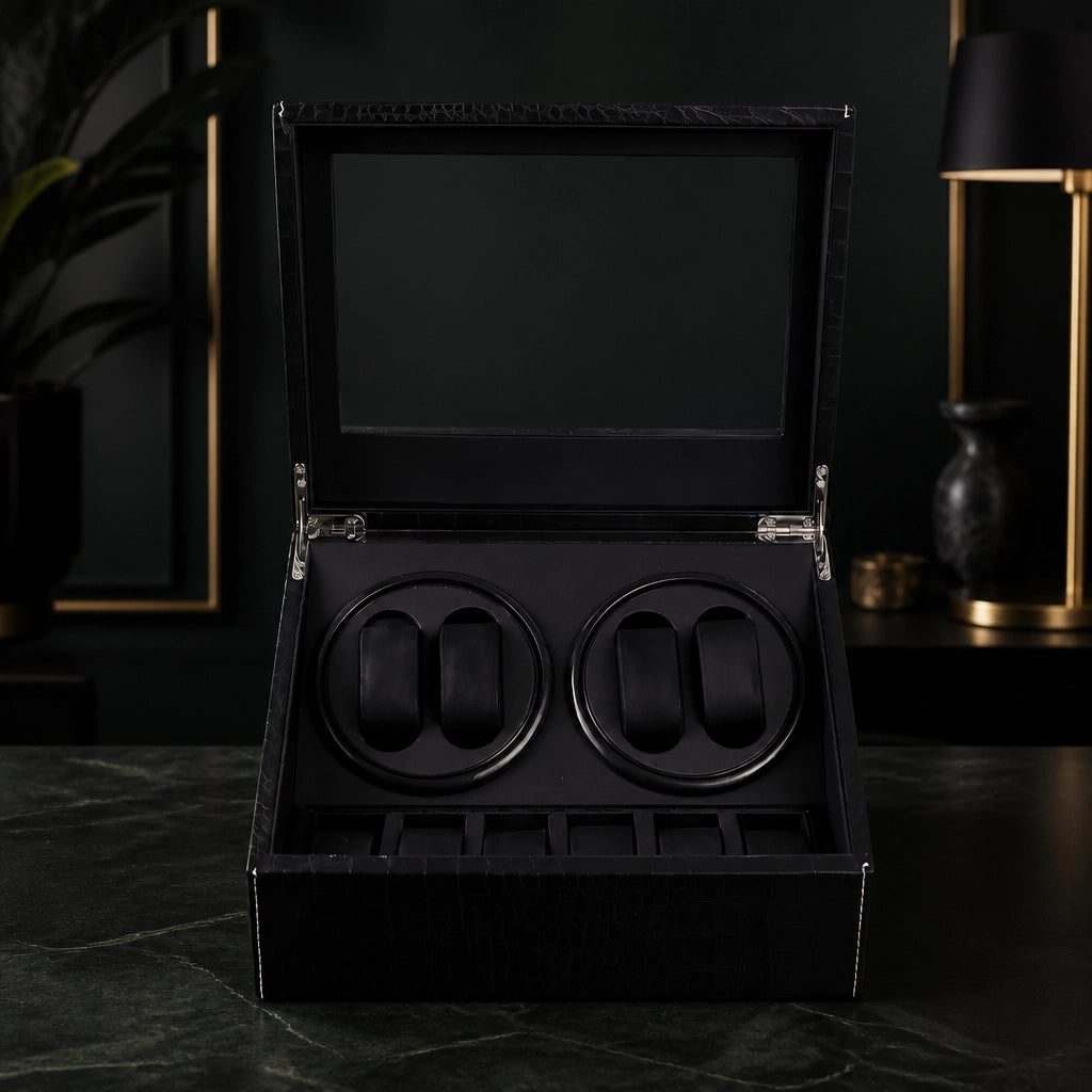 Kensington watch winder box open and empty, showing the four winder cups