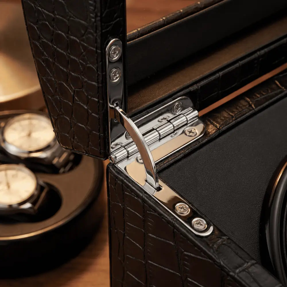 Close-up of the lid hinge on the faux snakeskin Kensington