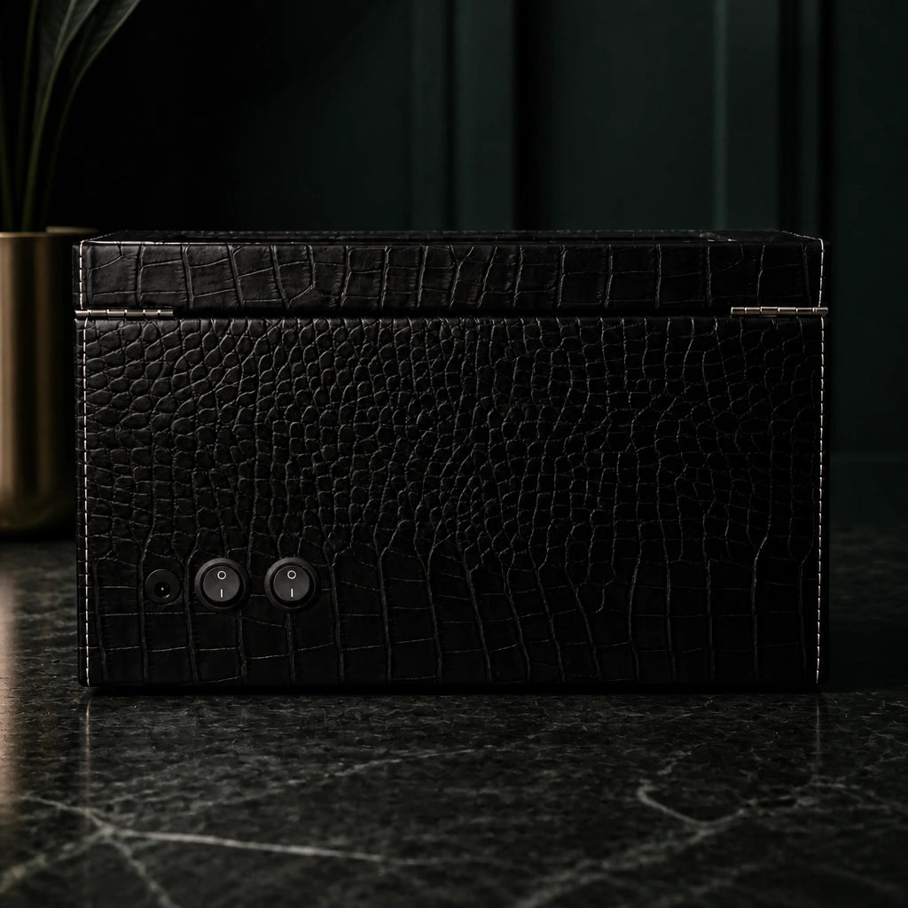 Rear view of the closed faux snakeskin Kensington watch winder box
