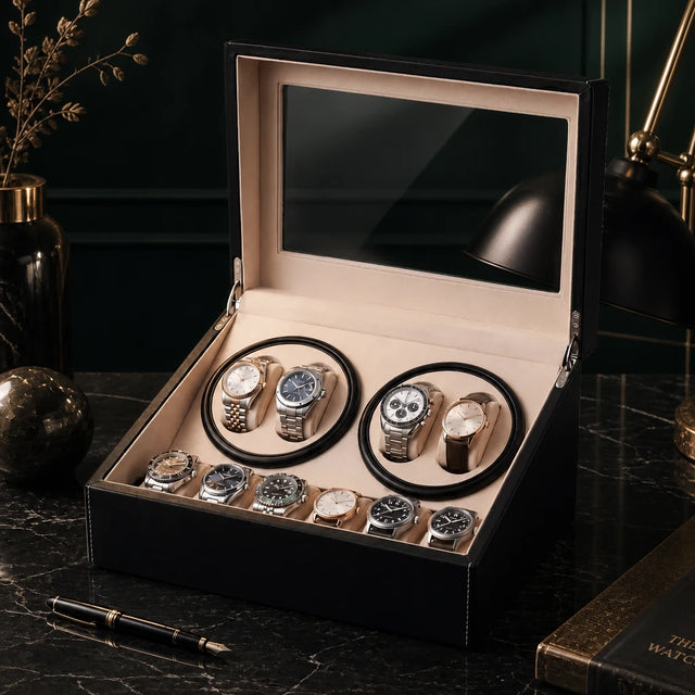 Zaviloo Kensington watch winder box in black leather, open with four winders and six storage slots