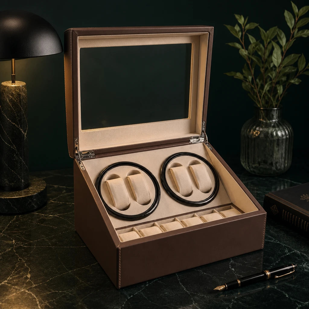 Zaviloo Kensington watch winder box in brown leather, open with four winders and six storage slots