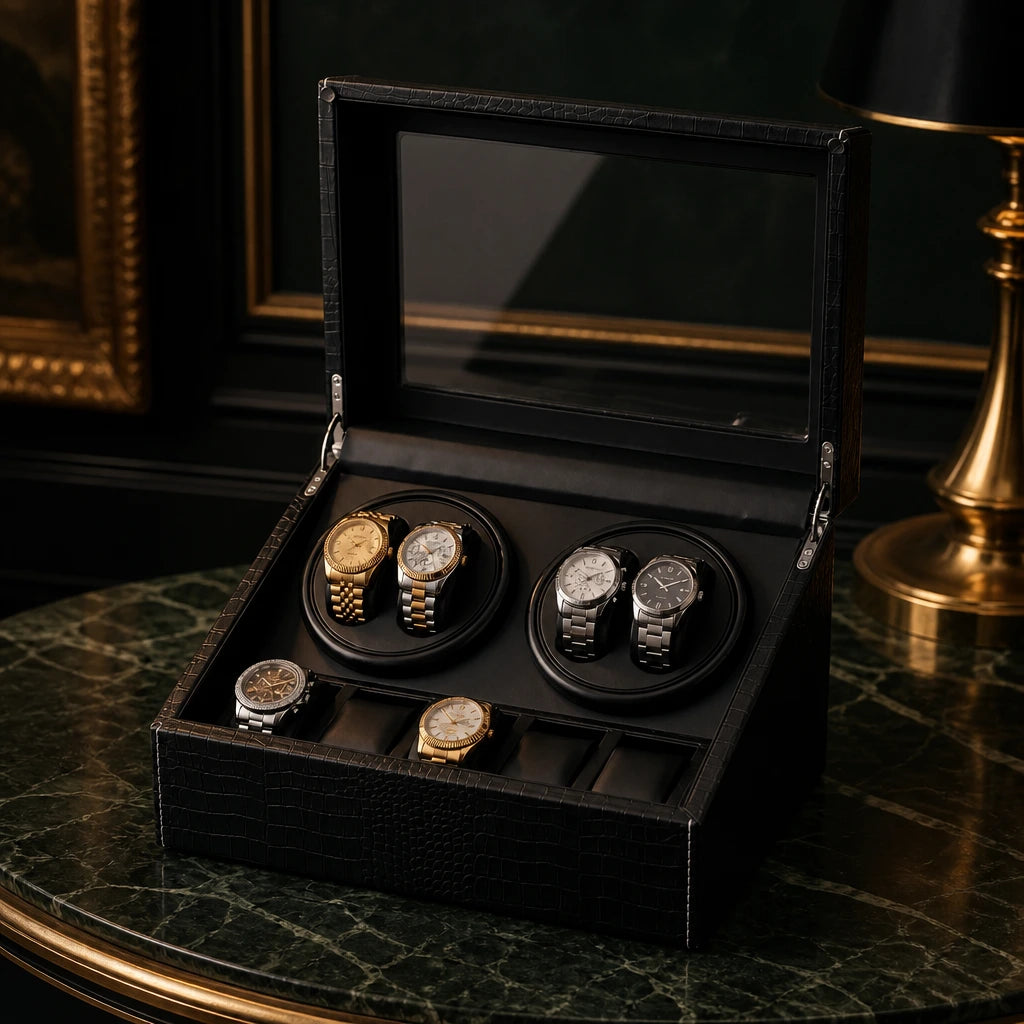 Zaviloo Kensington watch winder box in faux snakeskin, open with four winders and six storage slots