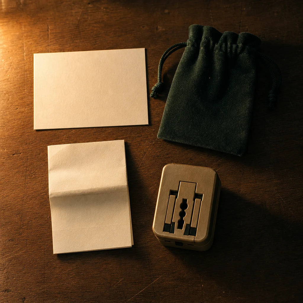 Warranty card, velvet pouch, manual and universal adaptor laid out on walnut