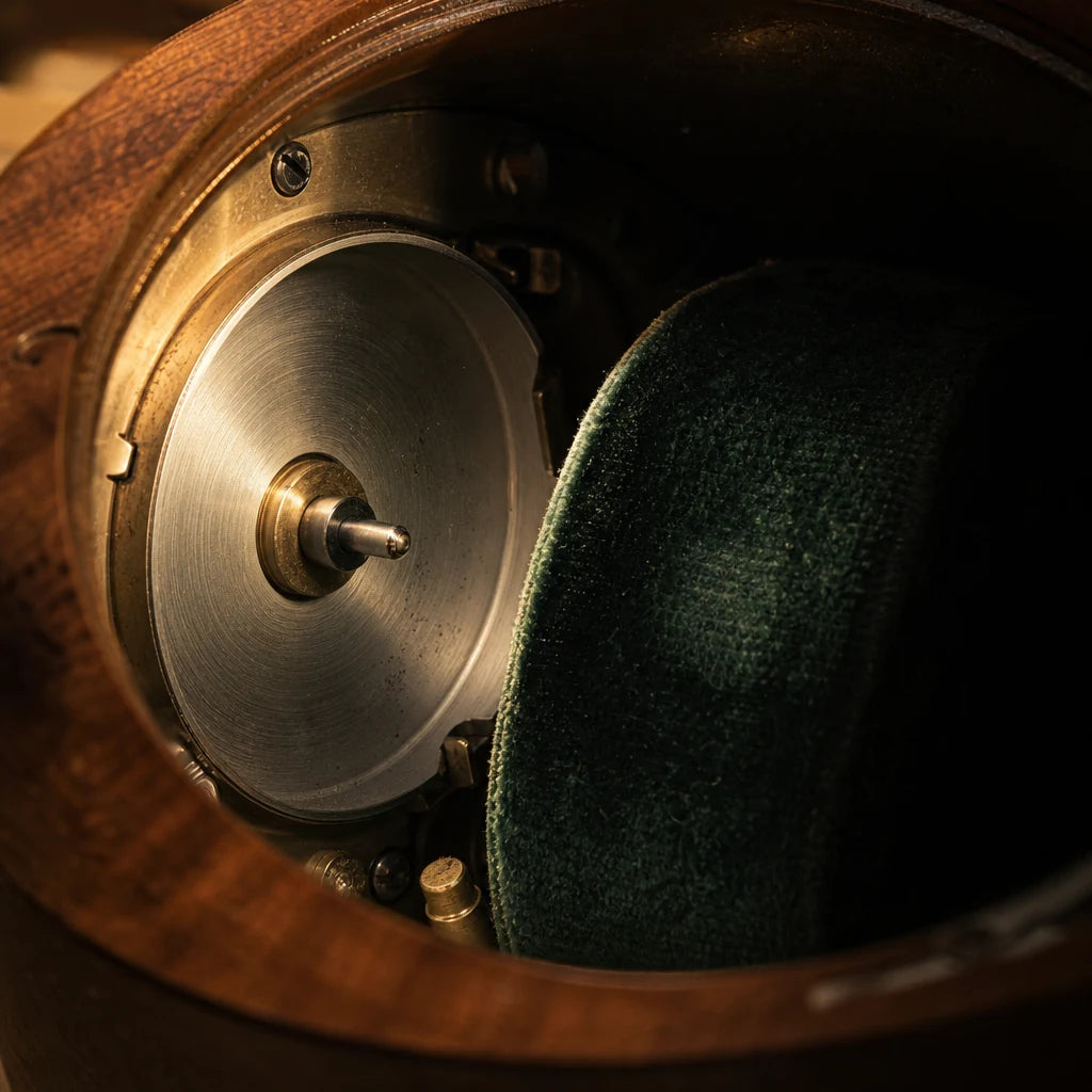 The machined rotor and velvet cushion inside a watch winder